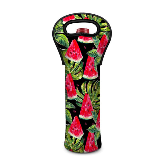Black Palm Leaf Watermelon Pattern Print Single Neoprene Wine Tote