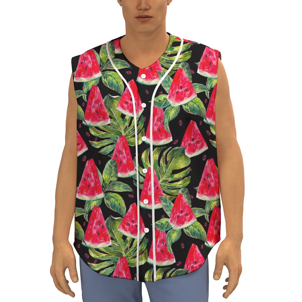 Black Palm Leaf Watermelon Pattern Print Sleeveless Baseball Jersey