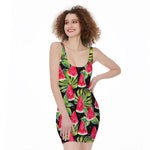 Black Palm Leaf Watermelon Pattern Print Sleeveless Bodycon Dress