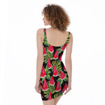 Black Palm Leaf Watermelon Pattern Print Sleeveless Bodycon Dress