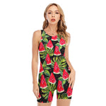 Black Palm Leaf Watermelon Pattern Print Sleeveless One Piece Swimsuit