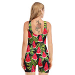 Black Palm Leaf Watermelon Pattern Print Sleeveless One Piece Swimsuit