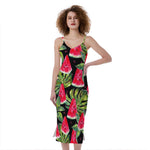 Black Palm Leaf Watermelon Pattern Print Slim Fit Midi Cami Dress