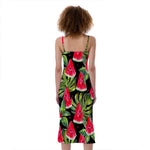 Black Palm Leaf Watermelon Pattern Print Slim Fit Midi Cami Dress