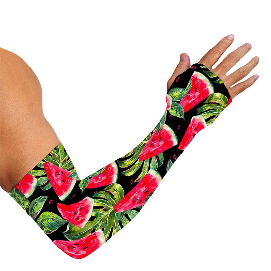 Black Palm Leaf Watermelon Pattern Print Sun Protection Arm Sleeves