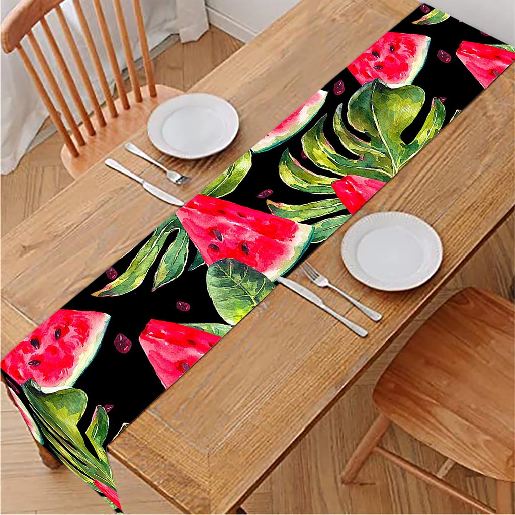 Black Palm Leaf Watermelon Pattern Print Table Runner