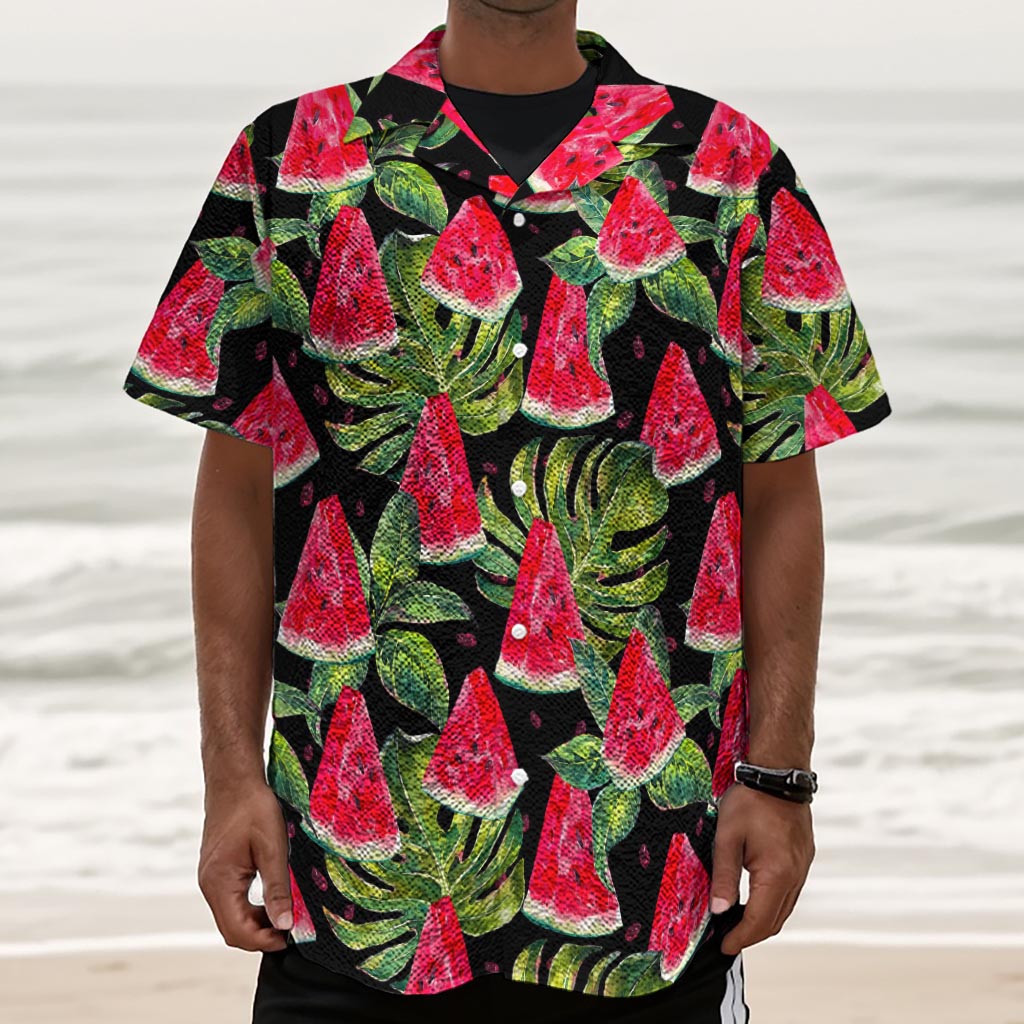 Black Palm Leaf Watermelon Pattern Print Textured Short Sleeve Shirt