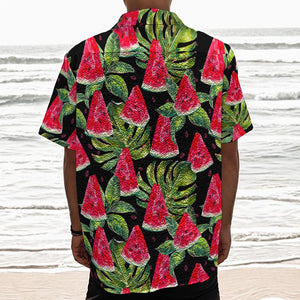 Black Palm Leaf Watermelon Pattern Print Textured Short Sleeve Shirt