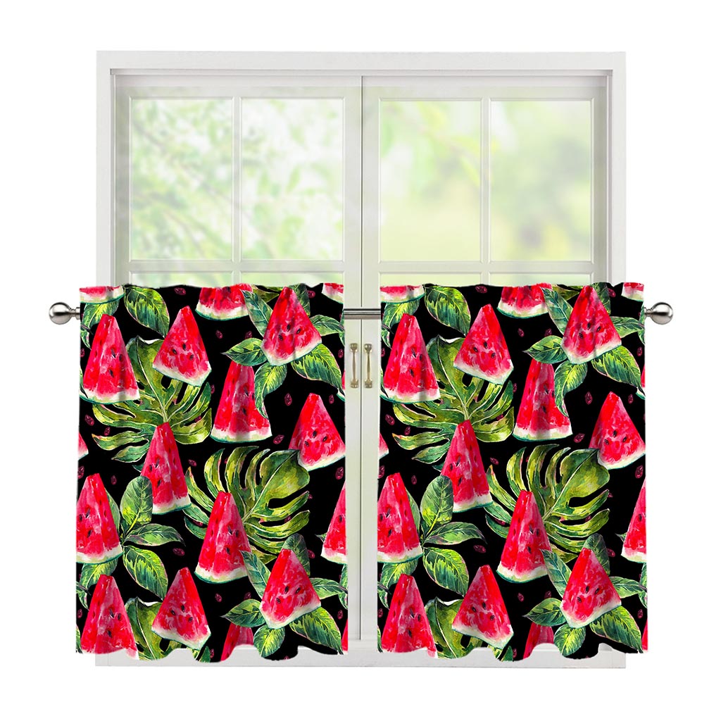 Black Palm Leaf Watermelon Pattern Print Tier Curtains