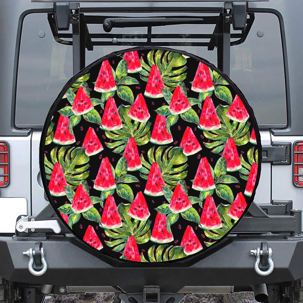 Black Palm Leaf Watermelon Pattern Print Tire Cover