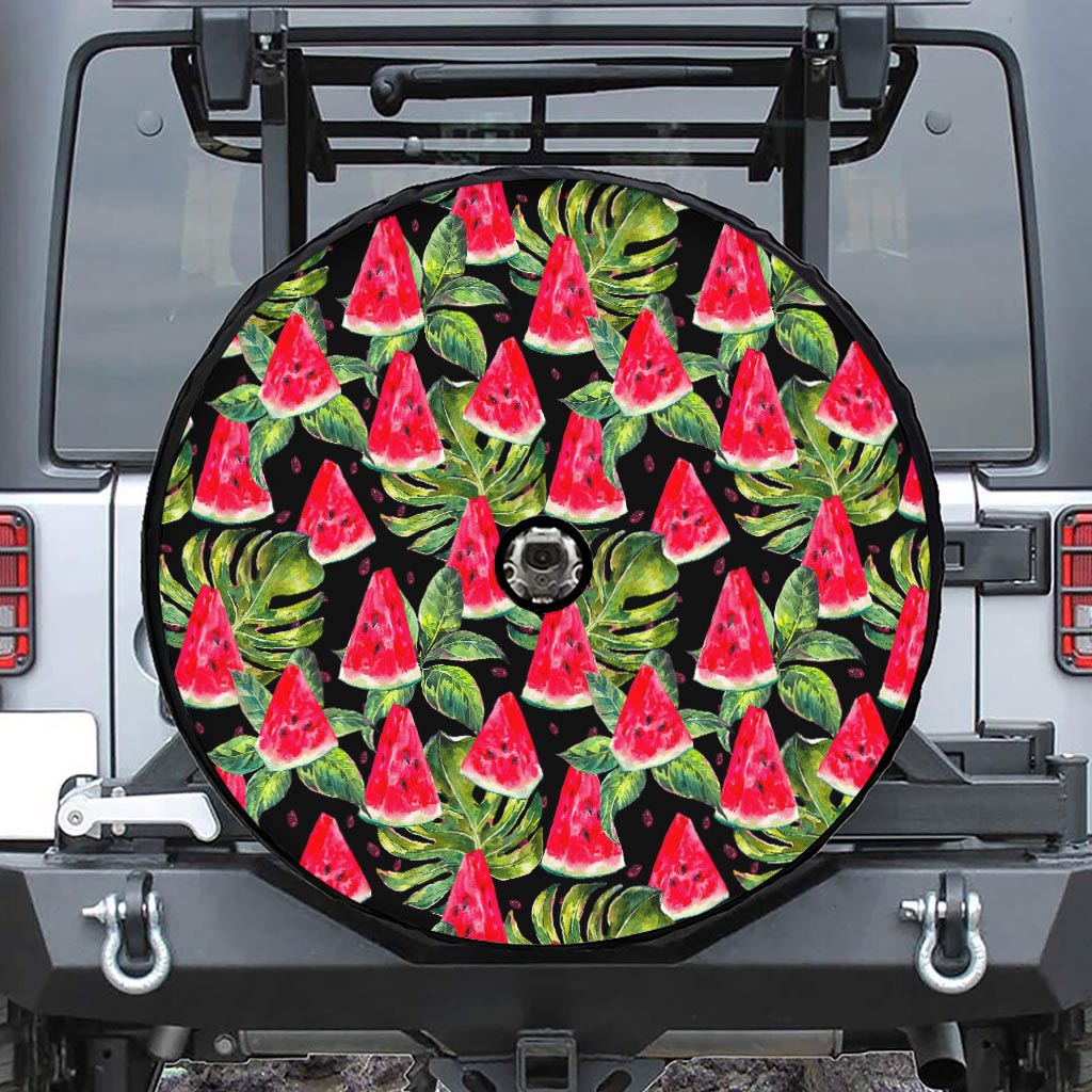 Black Palm Leaf Watermelon Pattern Print Tire Cover With Camera Hole