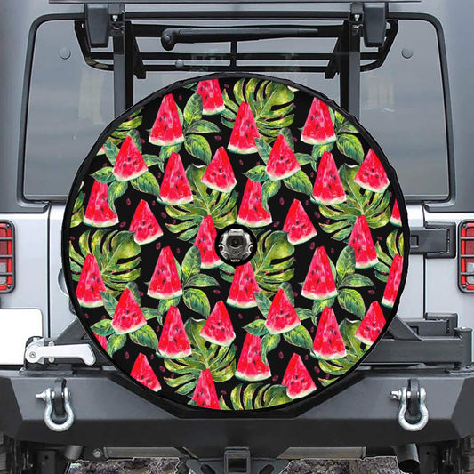 Black Palm Leaf Watermelon Pattern Print Tire Cover With Camera Hole