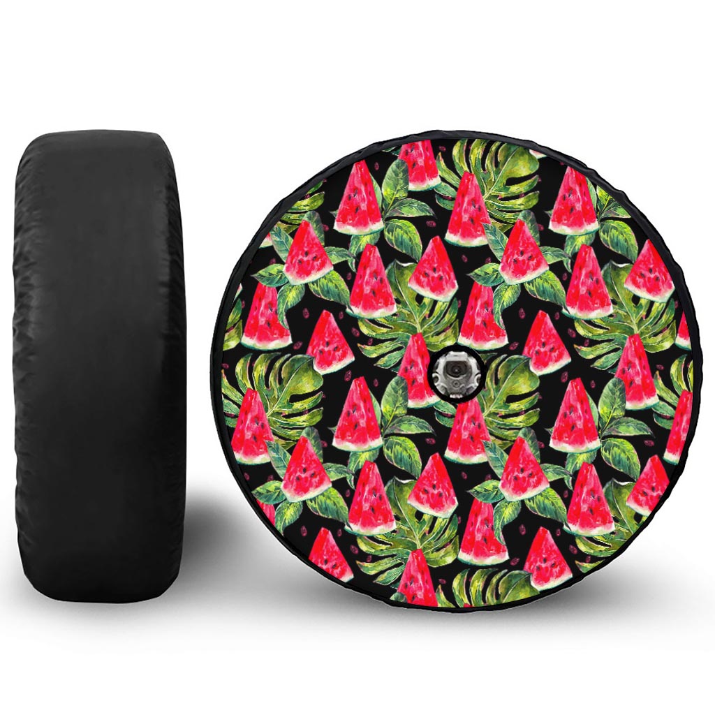Black Palm Leaf Watermelon Pattern Print Tire Cover With Camera Hole