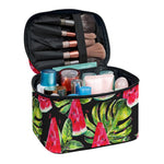 Black Palm Leaf Watermelon Pattern Print Travel Makeup Bag