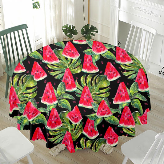 Black Palm Leaf Watermelon Pattern Print Waterproof Round Tablecloth