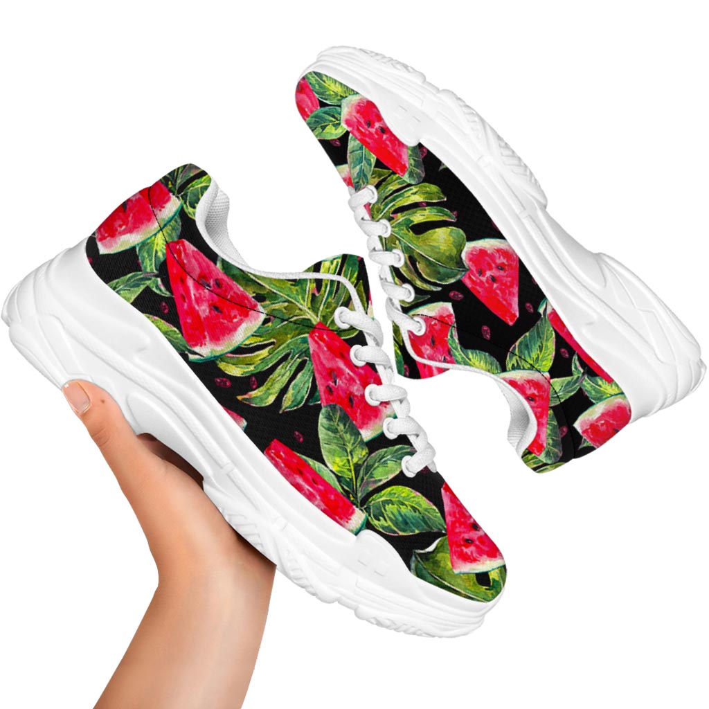 Black Palm Leaf Watermelon Pattern Print White Chunky Shoes