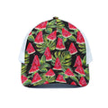 Black Palm Leaf Watermelon Pattern Print White Mesh Trucker Hat