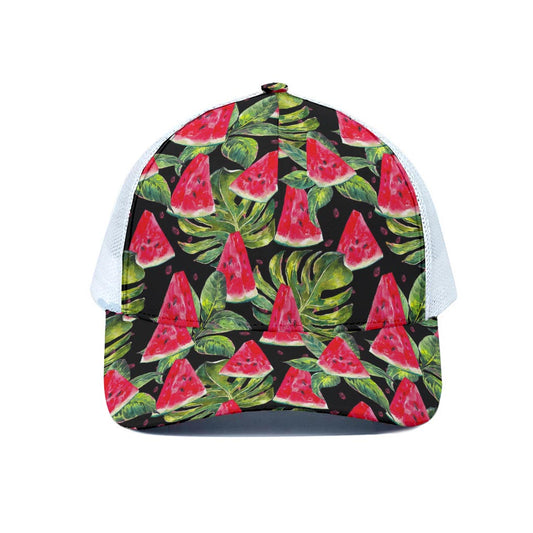 Black Palm Leaf Watermelon Pattern Print White Mesh Trucker Cap