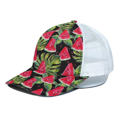 Black Palm Leaf Watermelon Pattern Print White Mesh Trucker Cap