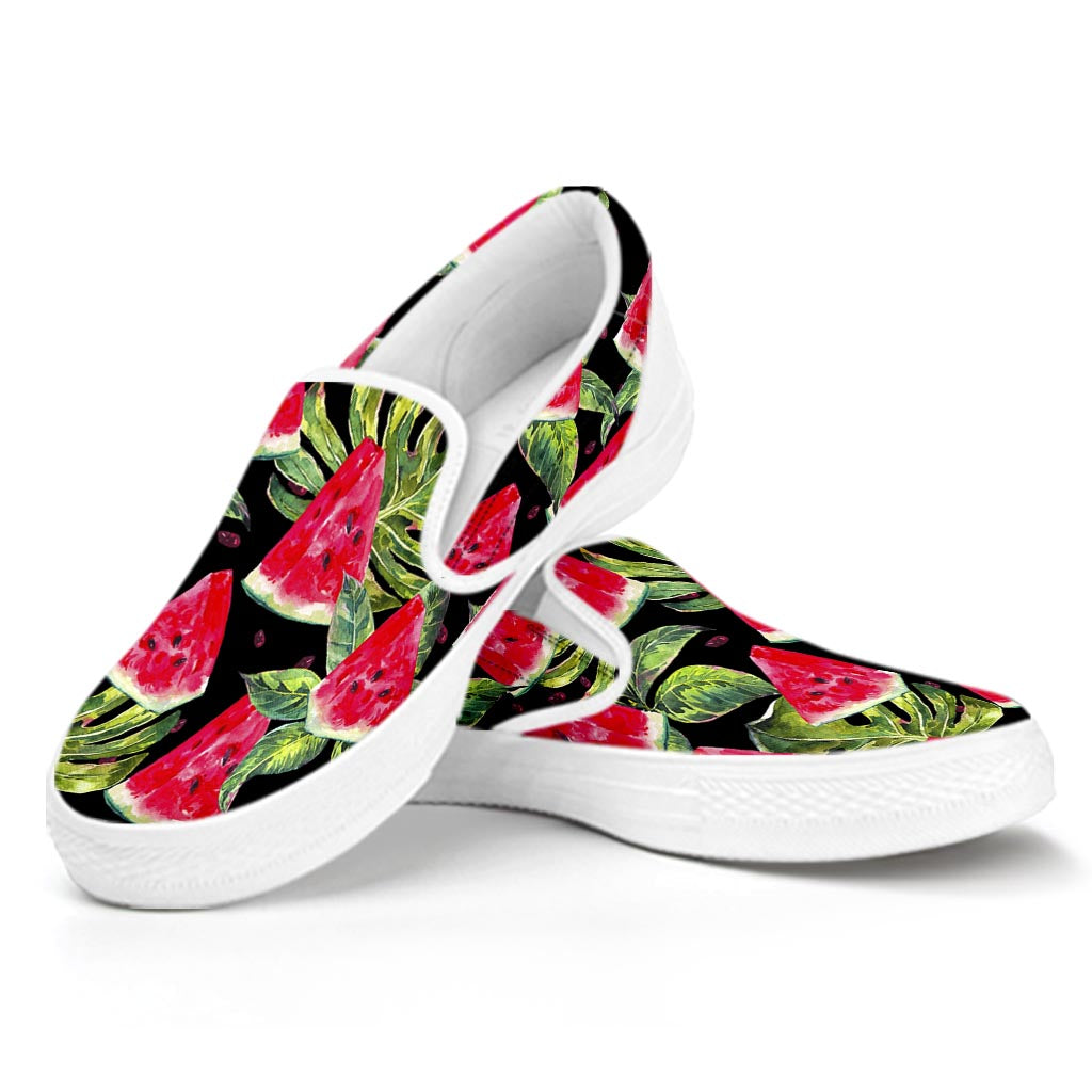 Black Palm Leaf Watermelon Pattern Print White Slip On Sneakers