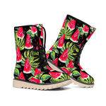 Black Palm Leaf Watermelon Pattern Print Winter Boots