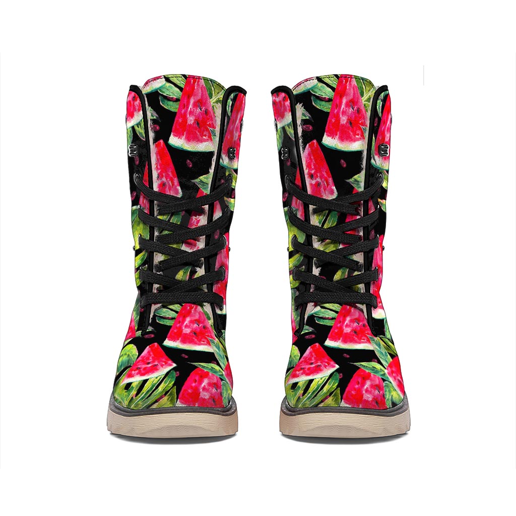 Black Palm Leaf Watermelon Pattern Print Winter Boots