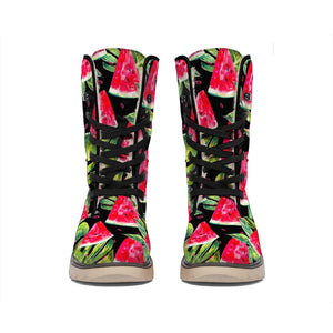 Black Palm Leaf Watermelon Pattern Print Winter Boots