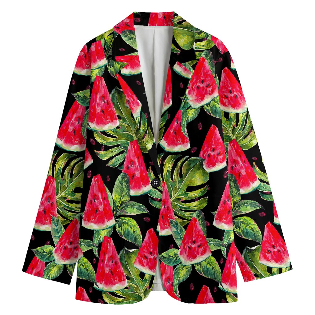 Black Palm Leaf Watermelon Pattern Print Women's Blazer