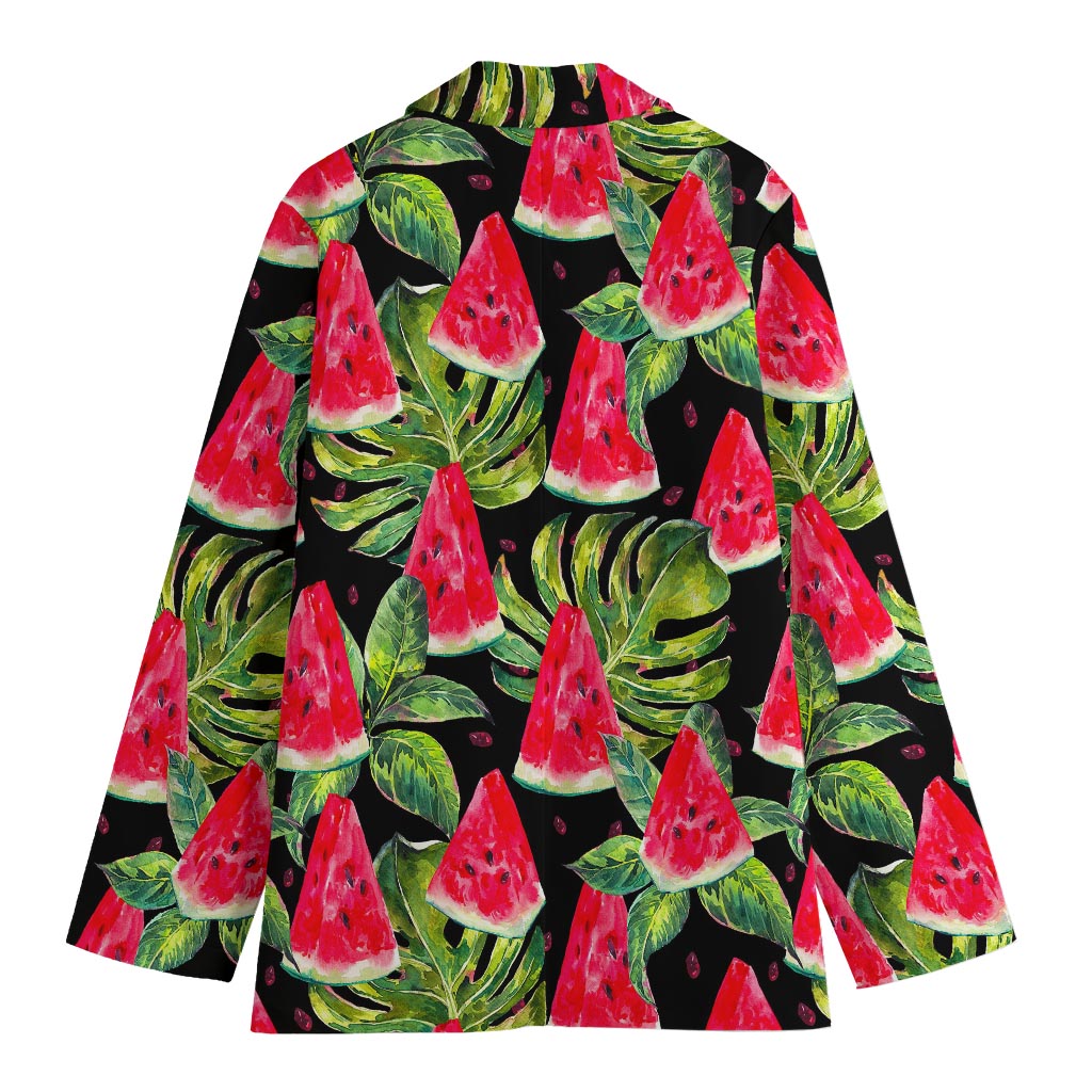 Black Palm Leaf Watermelon Pattern Print Women's Blazer