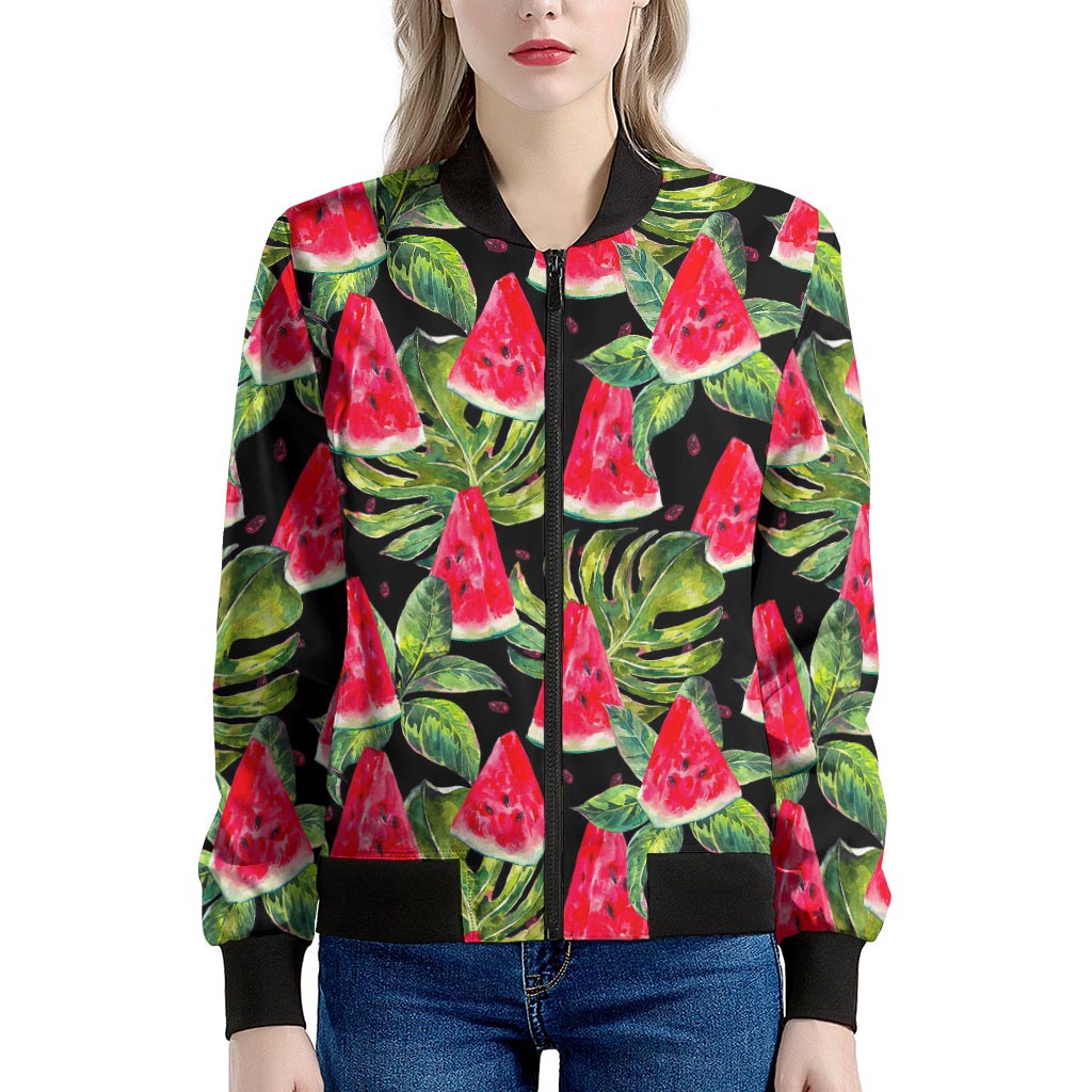 Black Palm Leaf Watermelon Pattern Print Women's Bomber Jacket