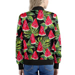 Black Palm Leaf Watermelon Pattern Print Women's Bomber Jacket