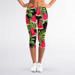 Black Palm Leaf Watermelon Pattern Print Women's Capri Leggings