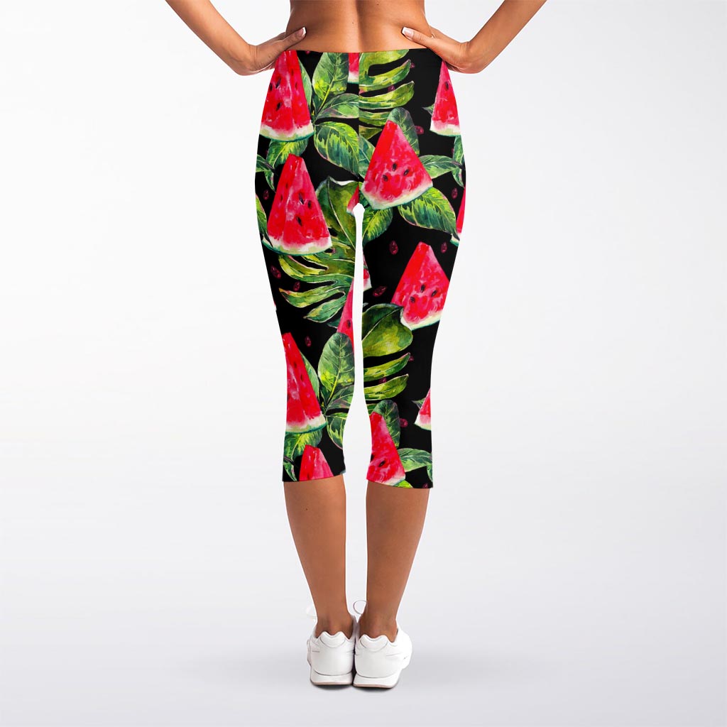 Black Palm Leaf Watermelon Pattern Print Women's Capri Leggings