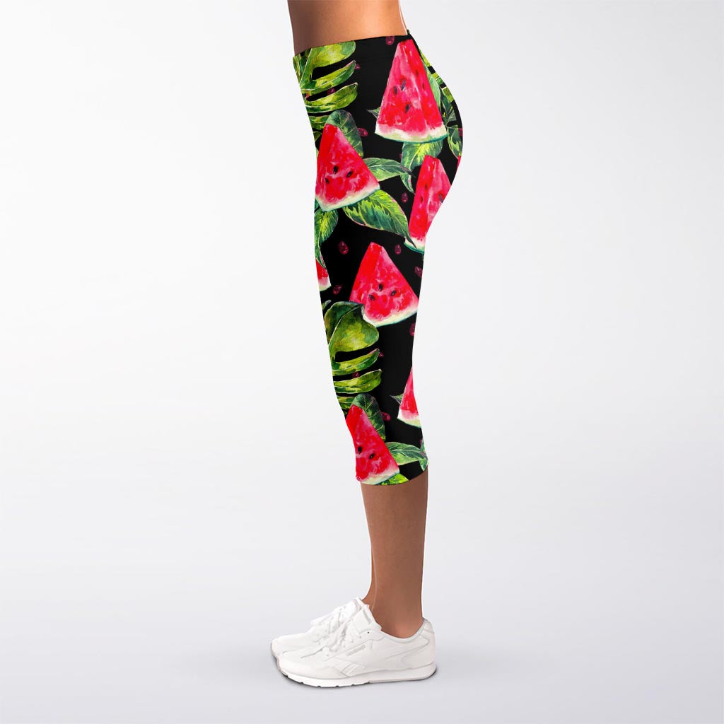 Black Palm Leaf Watermelon Pattern Print Women's Capri Leggings