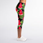 Black Palm Leaf Watermelon Pattern Print Women's Capri Leggings