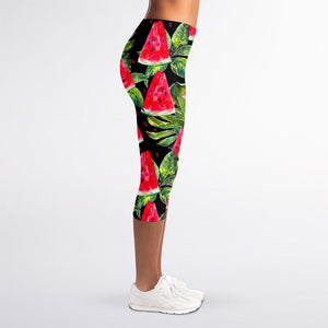 Black Palm Leaf Watermelon Pattern Print Women's Capri Leggings