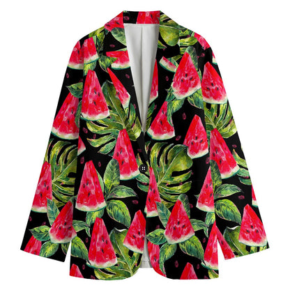 Black Palm Leaf Watermelon Pattern Print Women's Cotton Blazer
