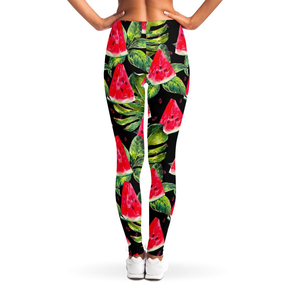 Black Palm Leaf Watermelon Pattern Print Women's Leggings