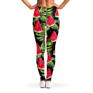 Black Palm Leaf Watermelon Pattern Print Women's Leggings