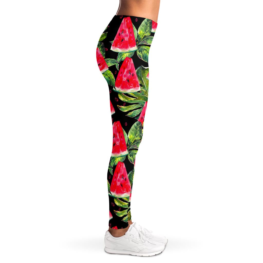 Black Palm Leaf Watermelon Pattern Print Women's Leggings