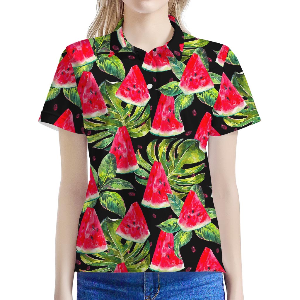 Black Palm Leaf Watermelon Pattern Print Women's Polo Shirt
