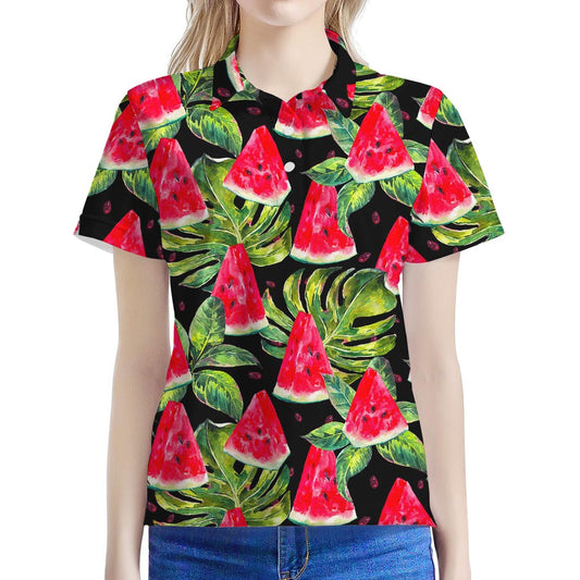 Black Palm Leaf Watermelon Pattern Print Women's Polo Shirt
