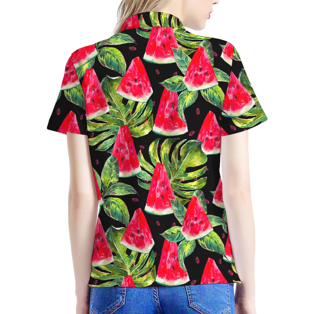 Black Palm Leaf Watermelon Pattern Print Women's Polo Shirt