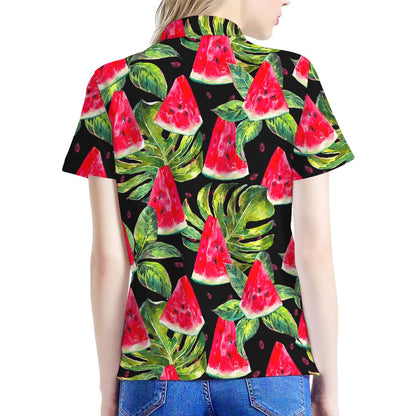 Black Palm Leaf Watermelon Pattern Print Women's Polo Shirt