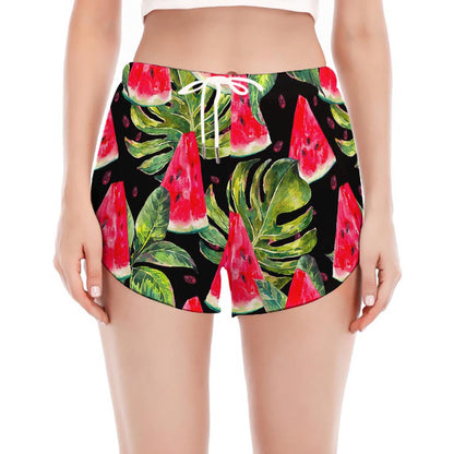 Black Palm Leaf Watermelon Pattern Print Women's Split Running Shorts