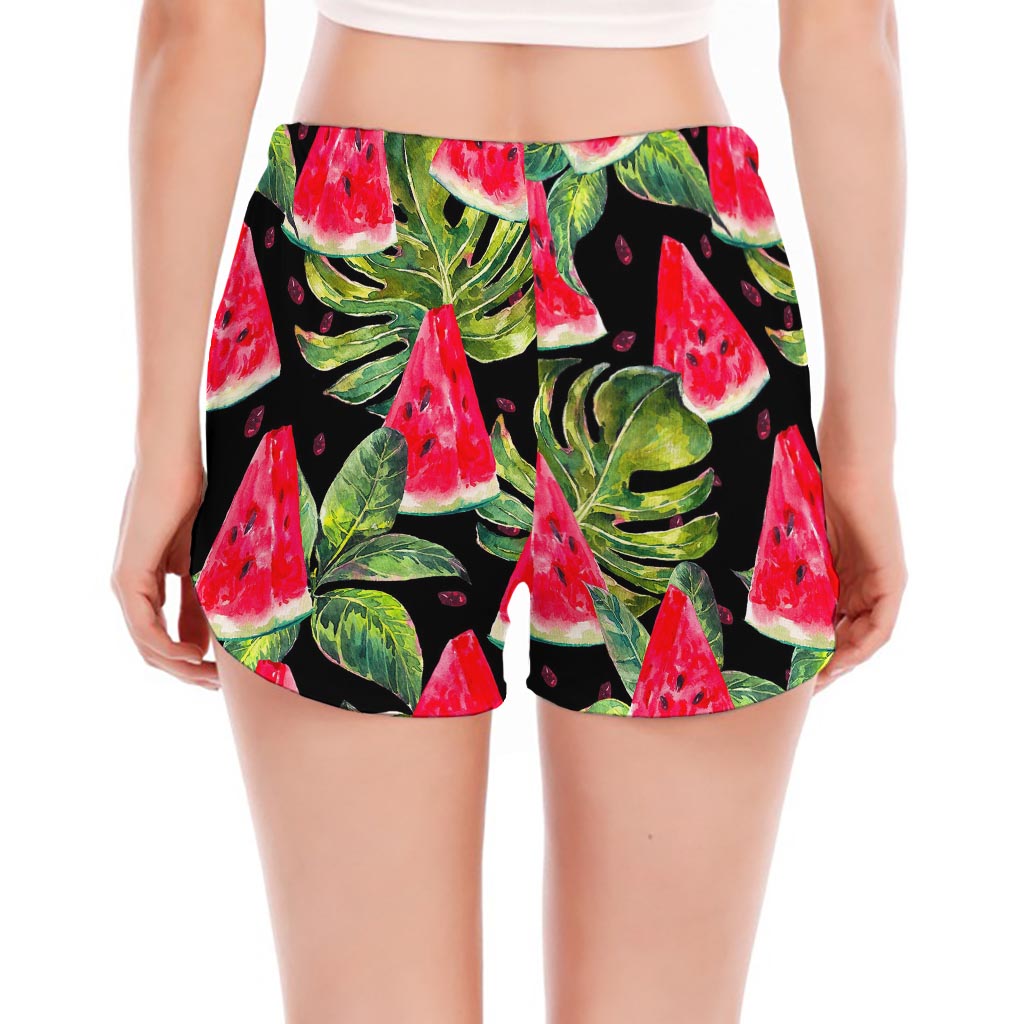Black Palm Leaf Watermelon Pattern Print Women's Split Running Shorts
