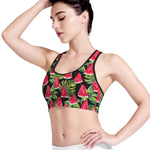 Black Palm Leaf Watermelon Pattern Print Women's Sports Bra