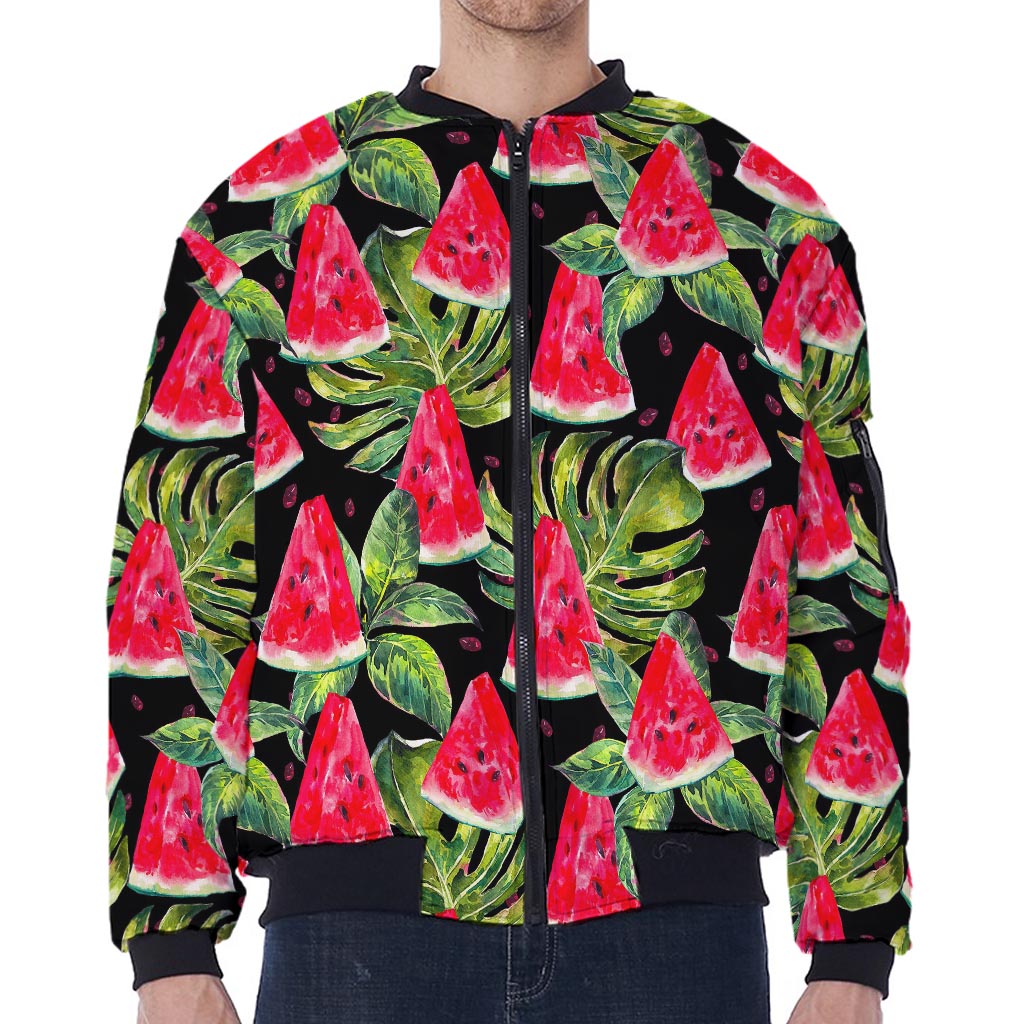 Black Palm Leaf Watermelon Pattern Print Zip Sleeve Bomber Jacket