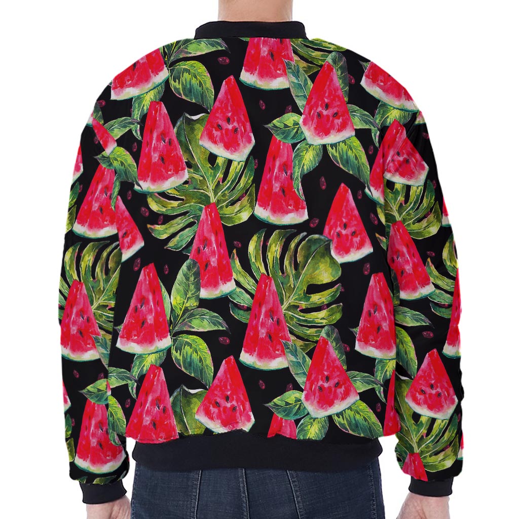 Black Palm Leaf Watermelon Pattern Print Zip Sleeve Bomber Jacket