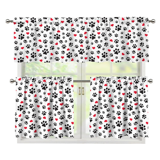 Black Paw And Heart Pattern Print 3 Piece Kitchen Curtains